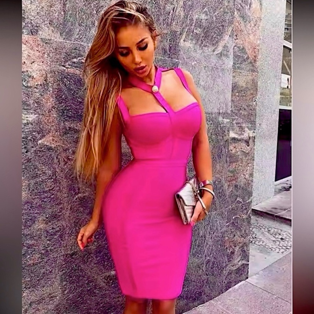 Hot pink rayon halter neck bandage dress
